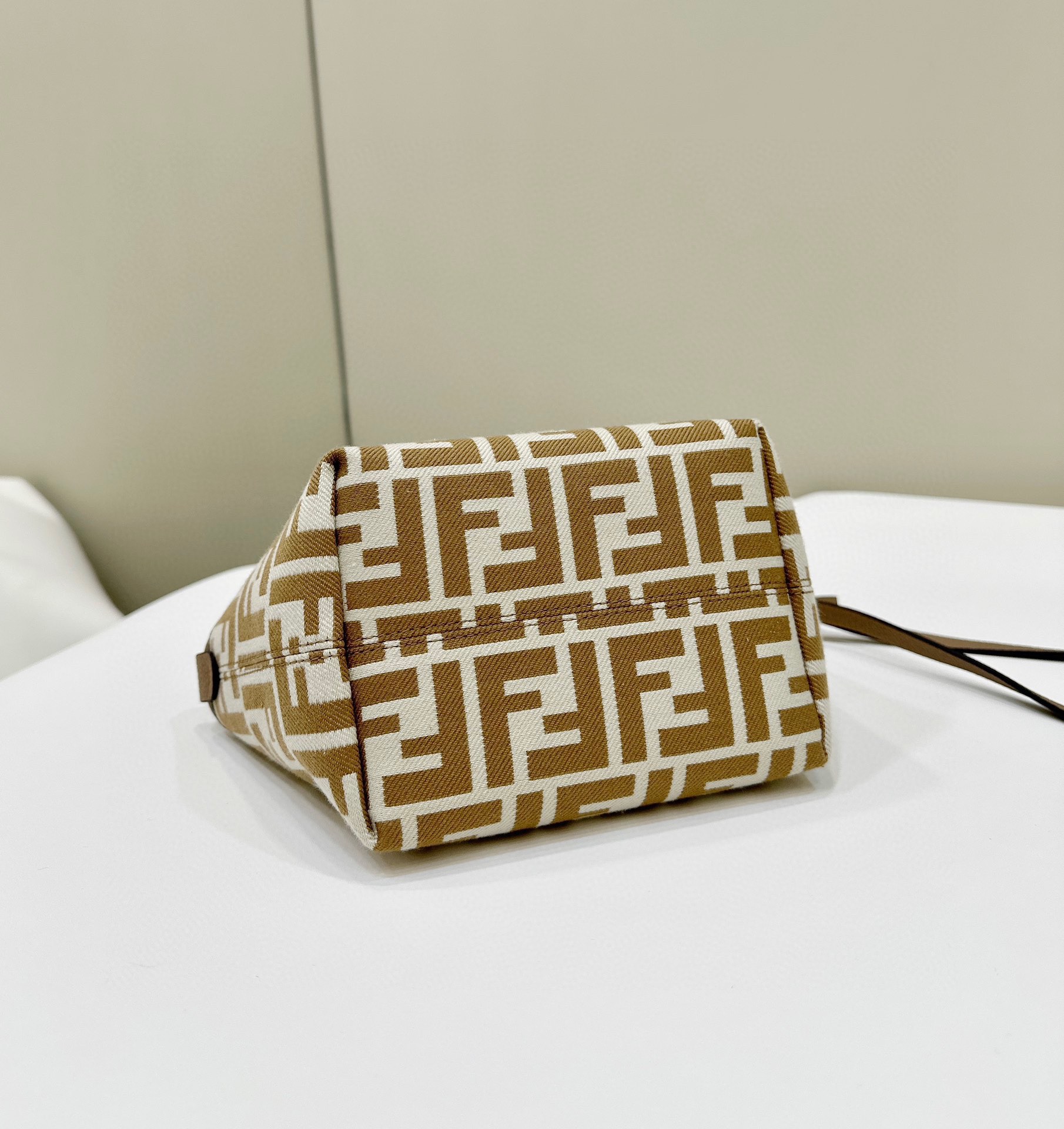 Fendi Mini Roll FF Jacquard Fabric Shoulder Bag Beige